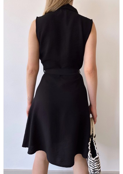 Kadın Siyah Kolsuz, Gömlek Yaka, Düz Desen, Çift Cep, A-Line Kesim, Aerobin, Kuşaklı Midi Elbise modelleri