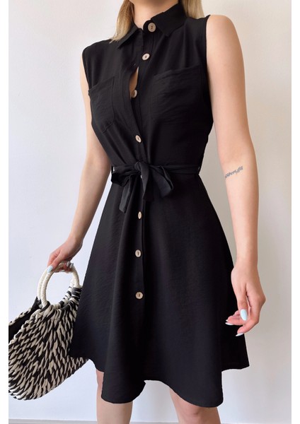 Kadın Siyah Kolsuz, Gömlek Yaka, Düz Desen, Çift Cep, A-Line Kesim, Aerobin, Kuşaklı Midi Elbise fırsatları