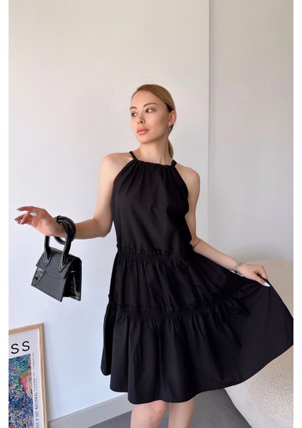 Kadın Siyah Kolsuz, Halter Yaka, Düz Renk Desen, A-Line Kalıp/kesim, Fırfırlı Midi Elbise