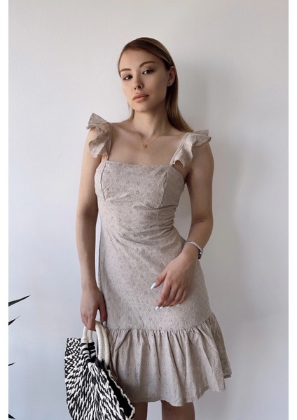 Kadın Taş Ince Askılı, Kare Yaka, Dantel/güpür Desen, A-Line Kalıp/kesim, Midi Fisto Elbise