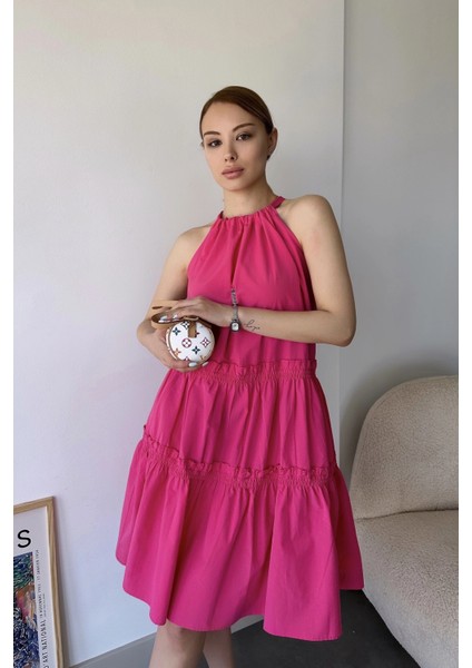 Kadın Fuşya Kolsuz, Halter Yaka, Düz Renk Desen, A-Line Kalıp/kesim, Fırfırlı Midi Elbise