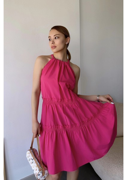 Kadın Fuşya Kolsuz, Halter Yaka, Düz Renk Desen, A-Line Kalıp/kesim, Fırfırlı Midi Elbise fiyatları