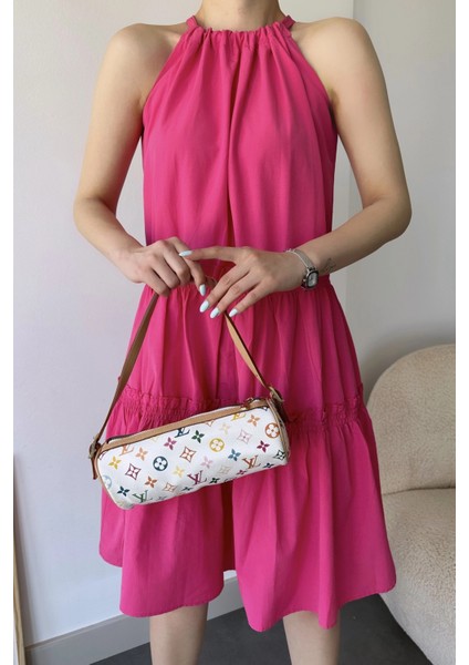 Kadın Fuşya Kolsuz, Halter Yaka, Düz Renk Desen, A-Line Kalıp/kesim, Fırfırlı Midi Elbise modelleri
