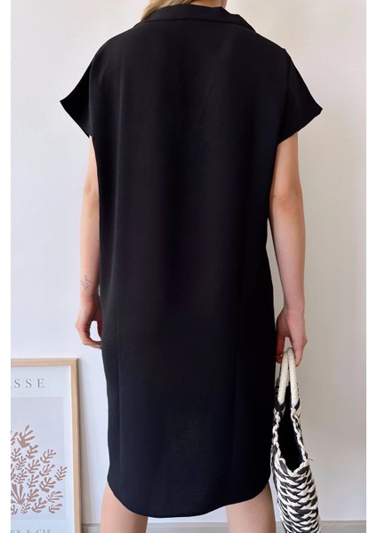 Kadın Siyah Kısa Kol, Polo Yaka, Dokulu Desen, Basic Kalıp/kesim, Aerobin Rahat Midi Elbise fiyatları