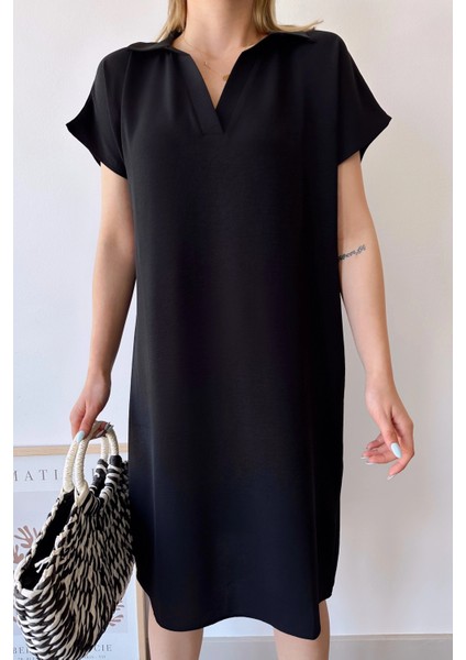 Kadın Siyah Kısa Kol, Polo Yaka, Dokulu Desen, Basic Kalıp/kesim, Aerobin Rahat Midi Elbise modelleri