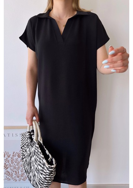 Kadın Siyah Kısa Kol, Polo Yaka, Dokulu Desen, Basic Kalıp/kesim, Aerobin Rahat Midi Elbise fırsatları