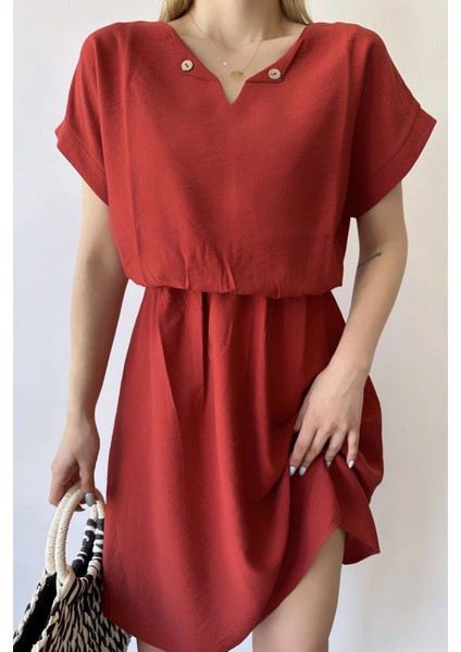 Kadın Mercan Kısa Kol, Kalp Yaka, Dokulu Desen, Bele Oturan, Aerobin Lastikli Bel Midi Elbise modelleri