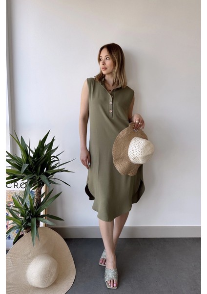 Kadın Haki Kolsuz, Dik Yaka, Düz Renk Desen, Tek Cepli, A-Line Kesim, Düğme Detaylı Midi Elbise