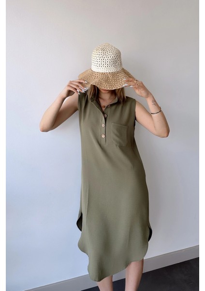 Kadın Haki Kolsuz, Dik Yaka, Düz Renk Desen, Tek Cepli, A-Line Kesim, Düğme Detaylı Midi Elbise fiyatları