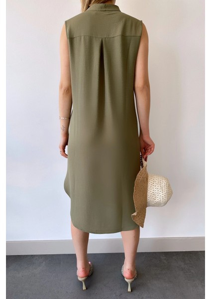 Kadın Haki Kolsuz, Dik Yaka, Düz Renk Desen, Tek Cepli, A-Line Kesim, Düğme Detaylı Midi Elbise modelleri