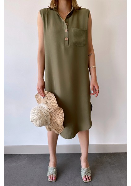 Kadın Haki Kolsuz, Dik Yaka, Düz Renk Desen, Tek Cepli, A-Line Kesim, Düğme Detaylı Midi Elbise fırsatları