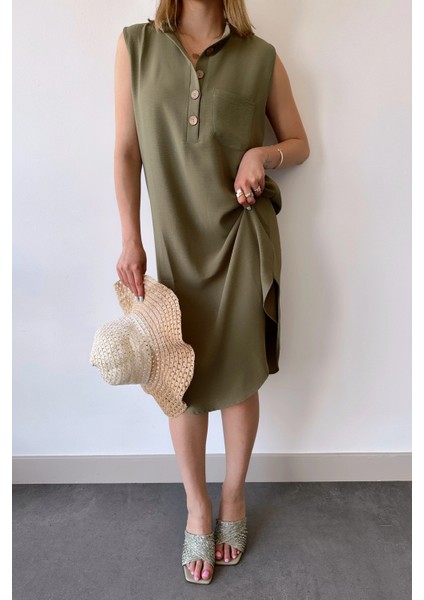 Kadın Haki Kolsuz, Dik Yaka, Düz Renk Desen, Tek Cepli, A-Line Kesim, Düğme Detaylı Midi Elbise indirimleri