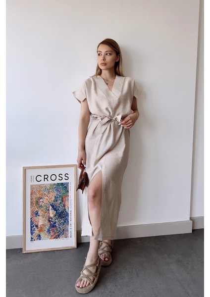 Kadın Taş Kısa Kol, V Yaka, Düz Renk Desen, Basic Kalıp/kesim, Aerobin Kumaş, Kuşaklı Maxi Elbise