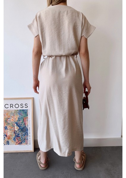 Kadın Taş Kısa Kol, V Yaka, Düz Renk Desen, Basic Kalıp/kesim, Aerobin Kumaş, Kuşaklı Maxi Elbise modelleri