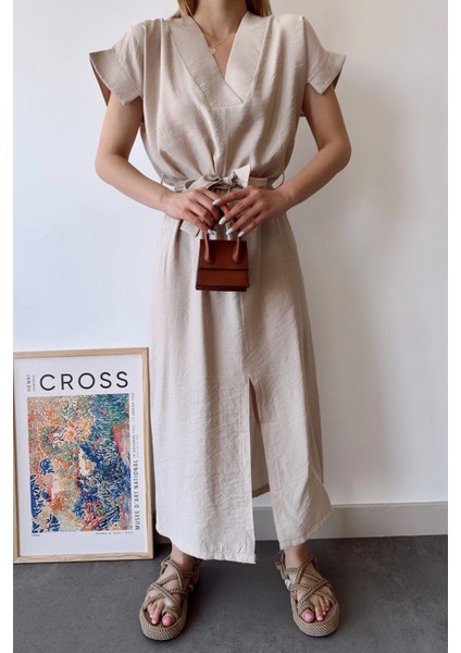 Kadın Taş Kısa Kol, V Yaka, Düz Renk Desen, Basic Kalıp/kesim, Aerobin Kumaş, Kuşaklı Maxi Elbise fırsatları