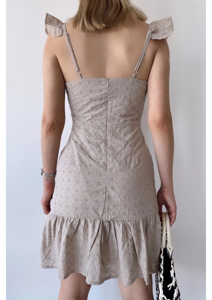 Kadın Taş Ince Askılı, Kare Yaka, Dantel/güpür Desen, A-Line Kalıp/kesim, Midi Fisto Elbise