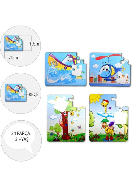 LISINYA247 4 Set - 48 Parça  Tekne , Helikopter ve Zürafa 3+ Keçe Yapboz - 3 Yaş Puzzle