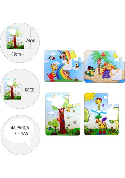 LISINYA247 4 Set - 48 Parça  Gökkuşağı ve Zürafa 3+ Keçe Yapboz - 3 Yaş Puzzle