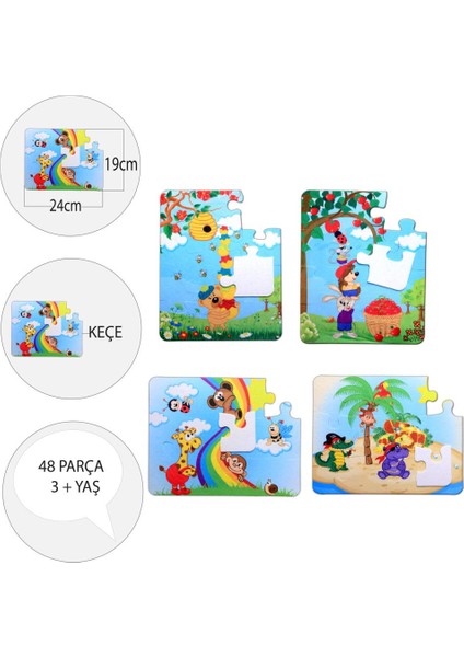 LISINYA247 4 Set - 48 Parça  Gökkuşağı ve Elmacı Ayı 3+ Keçe Yapboz - 3 Yaş Puzzle