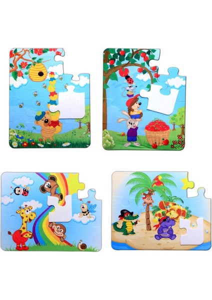 LISINYA247 4 Set - 48 Parça  Gökkuşağı ve Elmacı Ayı 3+ Keçe Yapboz - 3 Yaş Puzzle