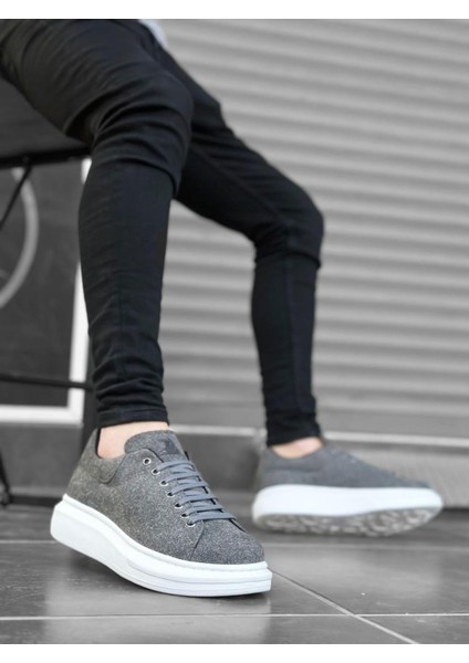 BA0547 Boa Kalın Yüksek Taban Gri Süet Bağcıklı Spor Erkek Ayakkabı