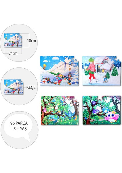 LISINYA247 4 Set - 96 Parça  Kış ve Baykuş 5+ Keçe Yapboz - 5 Yaş Puzzle