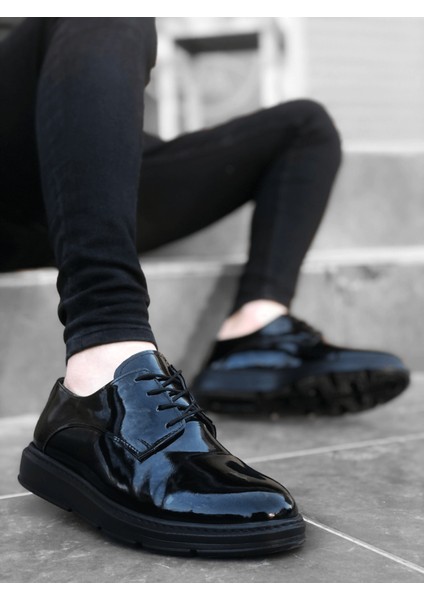 BA0003 Bağcıklı Klasik Siyah Siyah Taban Rugan Yüksek Taban Casual Erkek Ayakkabı