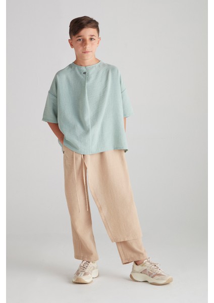 Erkek Çocuk Şalvarlı Ikili Takım (Müslin Kumaş) - Turkuaz & Vizon