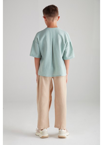 Erkek Çocuk Şalvarlı Ikili Takım (Müslin Kumaş) - Turkuaz & Vizon fırsatları