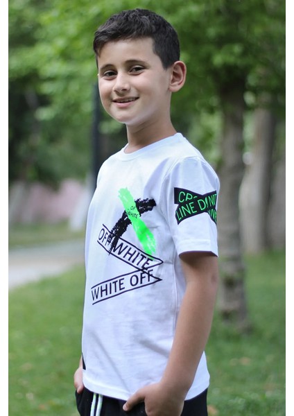 Off White Baskılı %100 Pamuk Beyaz Erkek Çocuk T-shirt 9-16 Yaş 00280