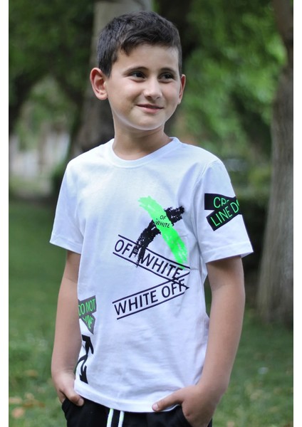 Off White Baskılı %100 Pamuk Beyaz Erkek Çocuk T-shirt 9-16 Yaş 00280