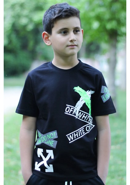 Off White Baskılı %100 Pamuk Siyah Erkek Çocuk T-shirt 9-16 Yaş 00280