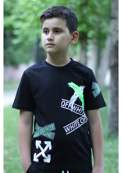 Off White Baskılı %100 Pamuk Siyah Erkek Çocuk T-shirt 9-16 Yaş 00280