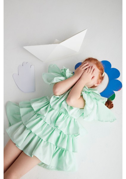 Kız Çocuk Fırfırlı Elbise - Su Yeşili fırsatları