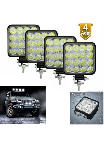 Off Road 16 LED 4 Adet Iş Makinesi Kamyon Traktör Projektör Çalışma ve Sis Lambası 48 Watt