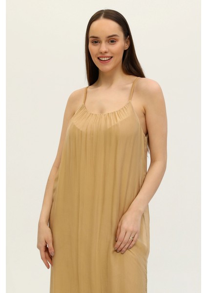 Camel Ipek Karışımlı Askılı Elbise