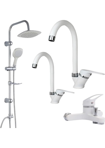 Beyaz Krom 4'lü Sürgülü Duş Seti Lavabo-Mutfak-Banyo-Eviye Batarysı Musluğu Çeşmesi