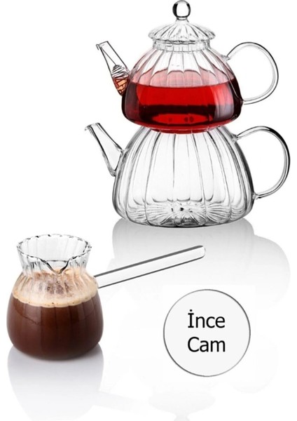 Ateşe Dayanıklı Borasilikat Cam Çaydanlık ve Cam Cezve Seti