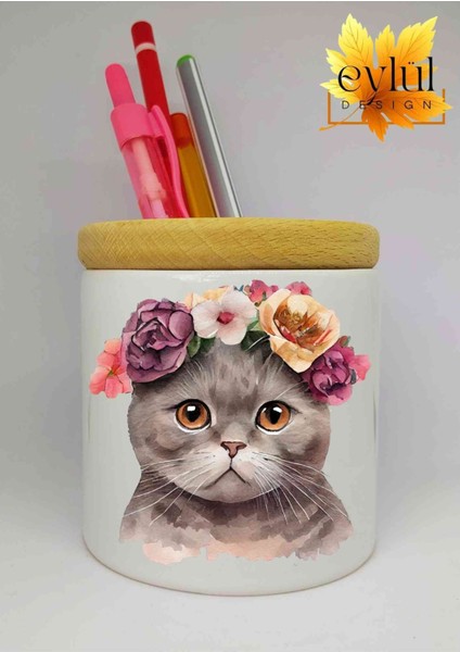 Çiçekli Kedi Baskılı Seramik Kalemlik Ahşap Detaylı Makyaj Fırça Kutusu Kalem Kutusu