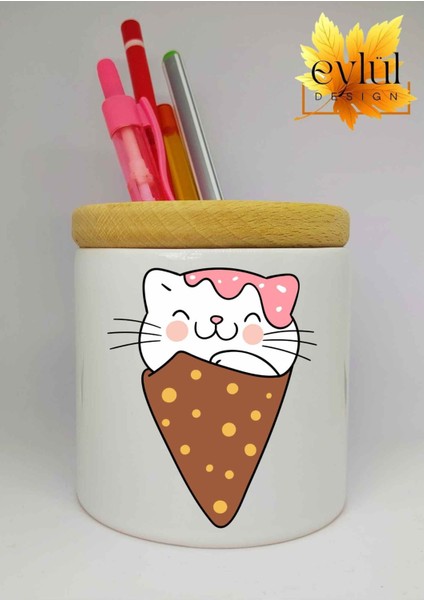 Sevimli Kedi Baskılı Seramik Kalemlik Ahşap Detaylı Makyaj Fırça Kutusu Kalem Kutusu