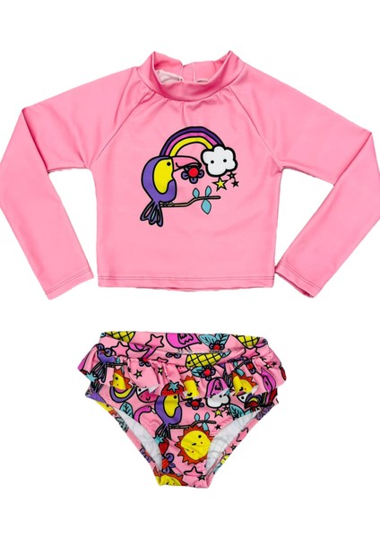 Lolliboom Kids Kız Çocuk Güneş Koruma Uzun Kol Crop Üst Fırfır Bikini Altı Takım Deniz Atı Yıldız Desen