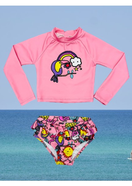 Lolliboom Kids Kız Çocuk Güneş Koruma Uzun Kol Crop Üst Fırfır Bikini Altı Takım Deniz Atı Yıldız Desen