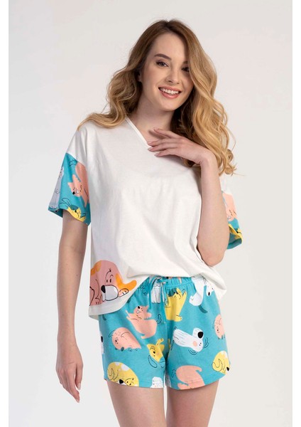 Pamuklu Kadın V Yaka Düşük Omuzlu Kısa Kol Şortlu Pijama Takım