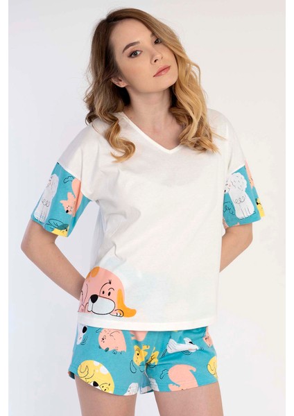 Pamuklu Kadın V Yaka Düşük Omuzlu Kısa Kol Şortlu Pijama Takım fiyatları
