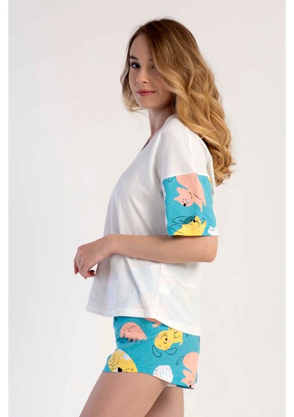 Pamuklu Kadın V Yaka Düşük Omuzlu Kısa Kol Şortlu Pijama Takım modelleri