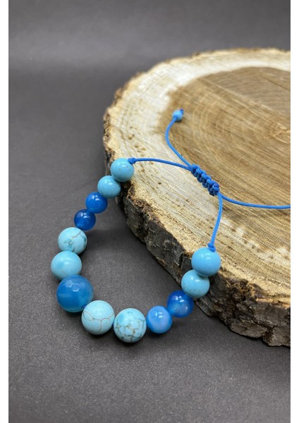 Zümrüt Zindeliği Makrome El Yapımı Doğal Taş Bileklik Mavi Akik ve Turkuaz Firuze Taşı
