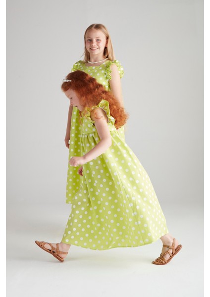 Kız Çocuk Puantiyeli Maxi Elbise - Yeşil fırsatları