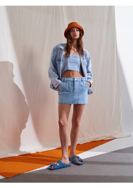 80537 Önü Cepli Mini Denim Etek-Mavi