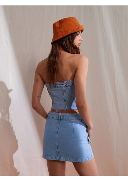 80537 Önü Cepli Mini Denim Etek-Mavi