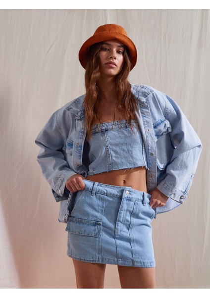80537 Önü Cepli Mini Denim Etek-Mavi modelleri